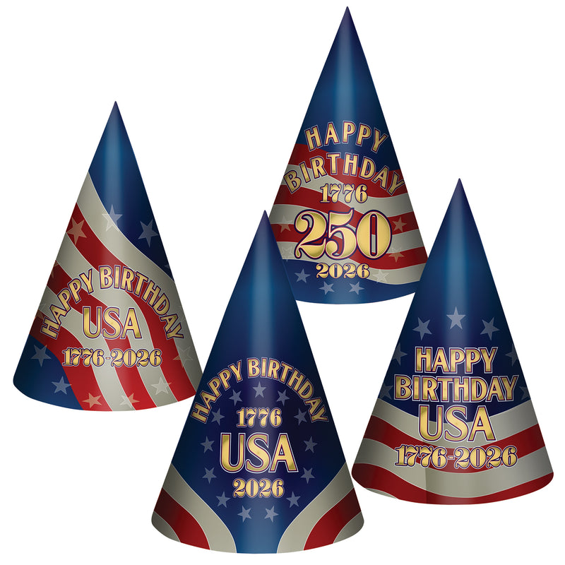 Pkgd Semiquincentennial Cone Hats – 9" – (4/Pkg)