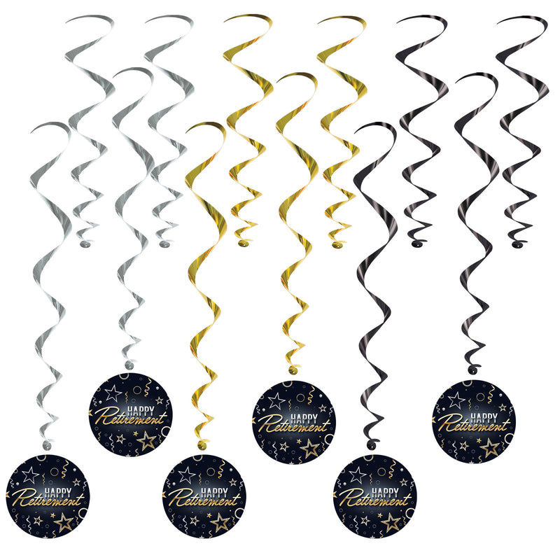 Happy Retirement Whirls – 17½"-30½" – (12/Pkg) by Beistle for Retirement Whirls