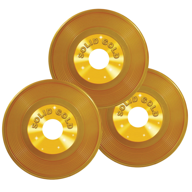 Gold Plastic Records – 9" – (3/Pkg) by Beistle for 50's/Rock & Roll Plastic Decorations