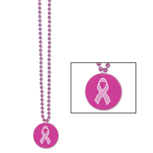 Beads w/Printed Pink Ribbon Medallion – 36" – (1/Card) by Beistle for Pink Ribbon Beads with Medallion