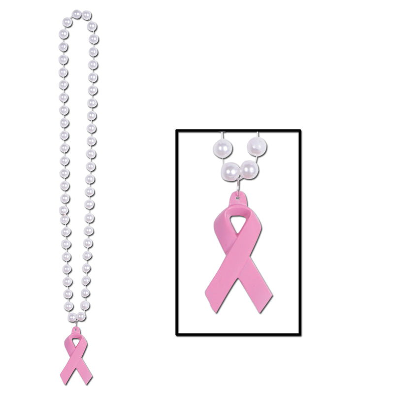Beads w/Pink Ribbon Medallion – 40" – (1/Card)