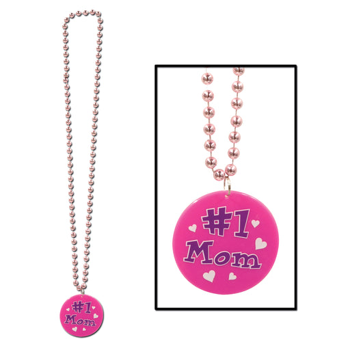 Beads w/Printed #1 Mom Medallion – 33" – (1/Card) by Beistle for Mothers/Fathers Day Beads with Medallion