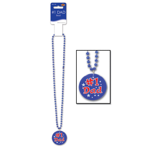 Beads w/Printed #1 Dad Medallion – 33" – (1/Card) by Beistle for Mothers/Fathers Day Beads with Medallion