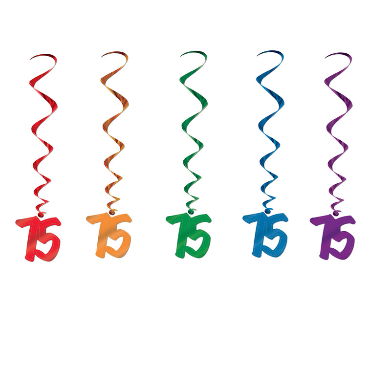 "75" Whirls – 3' – (5/Pkg) by Beistle for Birthday-Age Specific Whirls