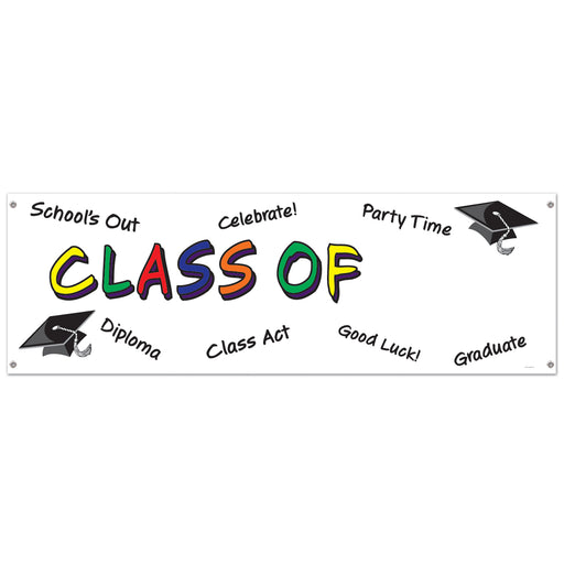 Class Of "Year" Sign Banner – 5' x 21" – (1/Pkg) by Beistle for Graduation All-Weather