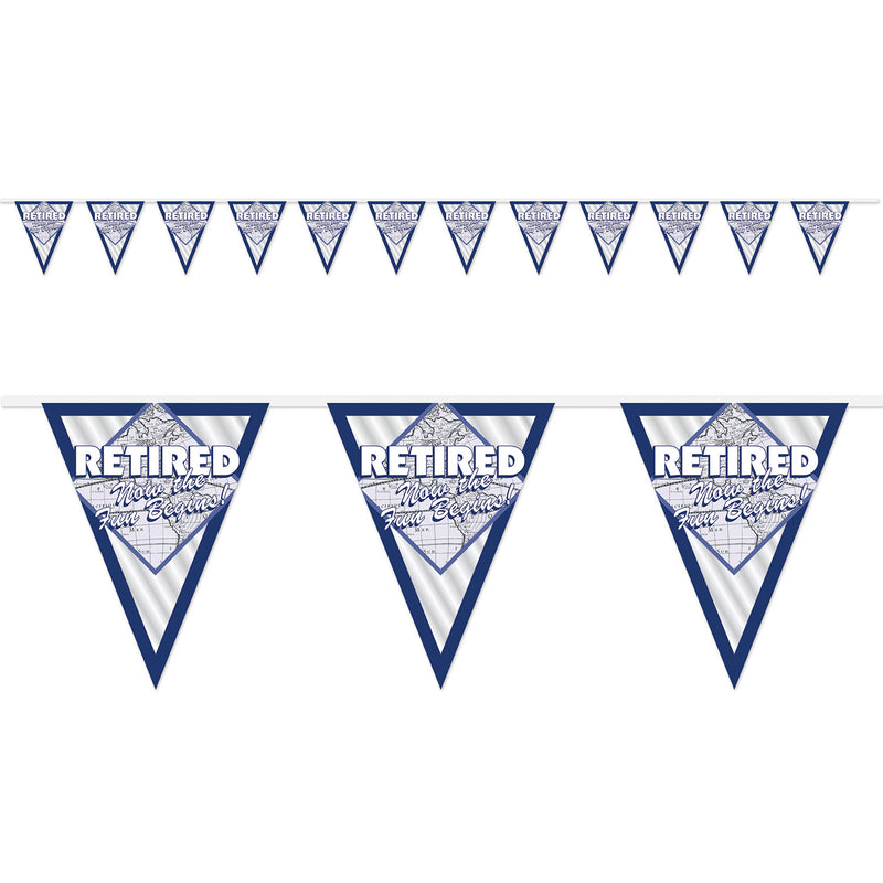 Retired Now The Fun Begins! Pennant Bnr – 11" x 12' – (1/Pkg) by Beistle for Retirement Pennant Banners