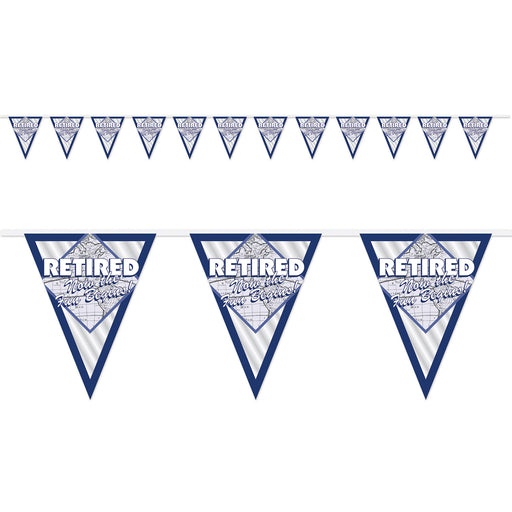 Retired Now The Fun Begins! Pennant Bnr – 11" x 12' – (1/Pkg) by Beistle for Retirement Pennant Banners