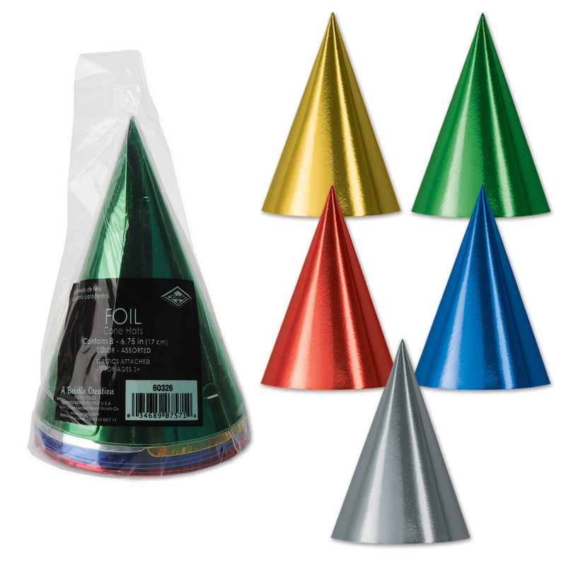 Pkgd Foil Cone Hats – 6½" – (8/Pkg) by Beistle for Birthday Cone Hats