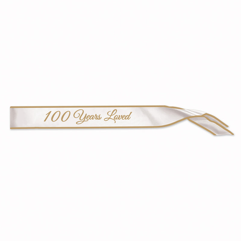 100 Years Loved Satin Sash – 33" x 4" – (1/Pkg) by Beistle for Birthday-Age Specific Sashes