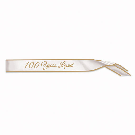 100 Years Loved Satin Sash – 33" x 4" – (1/Pkg) by Beistle for Birthday-Age Specific Sashes