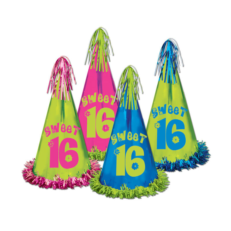 Fringed Foil Sweet 16 Party Hats – 12½" by Beistle for Sweet 16 Cone Hats