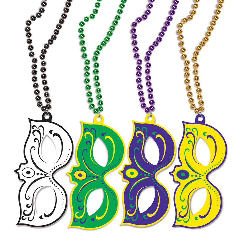 Mardi Gras Masks w/Beads – 4" x 7 ¾" / 33" – (4/Pkg) by Beistle for Mardi Gras Printed