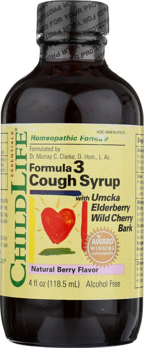 ChildLife Essentials' Natural Berry Flavor Formula 3 Cough Syrup temporarily relieves symptoms of cough including dryness and minor throat and bronchial irritation associated with the common cold. ChildLife Essentials' Natural Berry Flavor Formula 3 Cough Syrup combines the 3 most effective and well researched homeopathic extracts for safely and effectively addressing all types of children's coughs. These are the best natural cough extracts on the Market today!