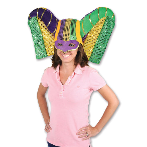 Masked Mardi Gras Hat w/Sequined Drape – (1/Card) by Beistle for Mardi Gras Plush