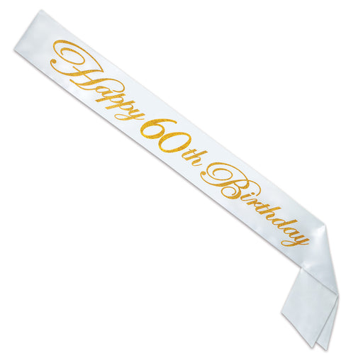 Gltrd Happy "60th" Birthday Satin Sash – 33" x 4" – (1/Pkg) by Beistle for Birthday-Age Specific Sashes