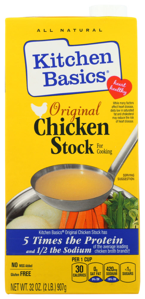 Kitchen Basics® Original Chicken Stock offers classic, full-bodied flavors of chicken, tender veggies and premium herbs and spices, slow-simmered for hours. This chicken stock contains no artificial flavors and no added MSG. Use this versatile chicken stock to create homemade meals or amplify the flavor of your sauce, gravy or side dishes.