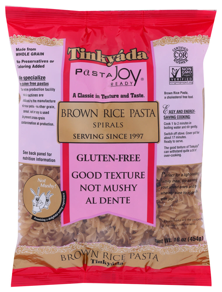 JOY! A rice pasta that cooks like any regular pasta. Award-winning taste Al dente and not mushy.

Cook 1 to 2 minutes in boiling water and stir gently. Switch off stove. Cover pot for about 17 minutes. Ready to serve. The good texture of Tinkyada can withstand quite a bit of over-cooking.
