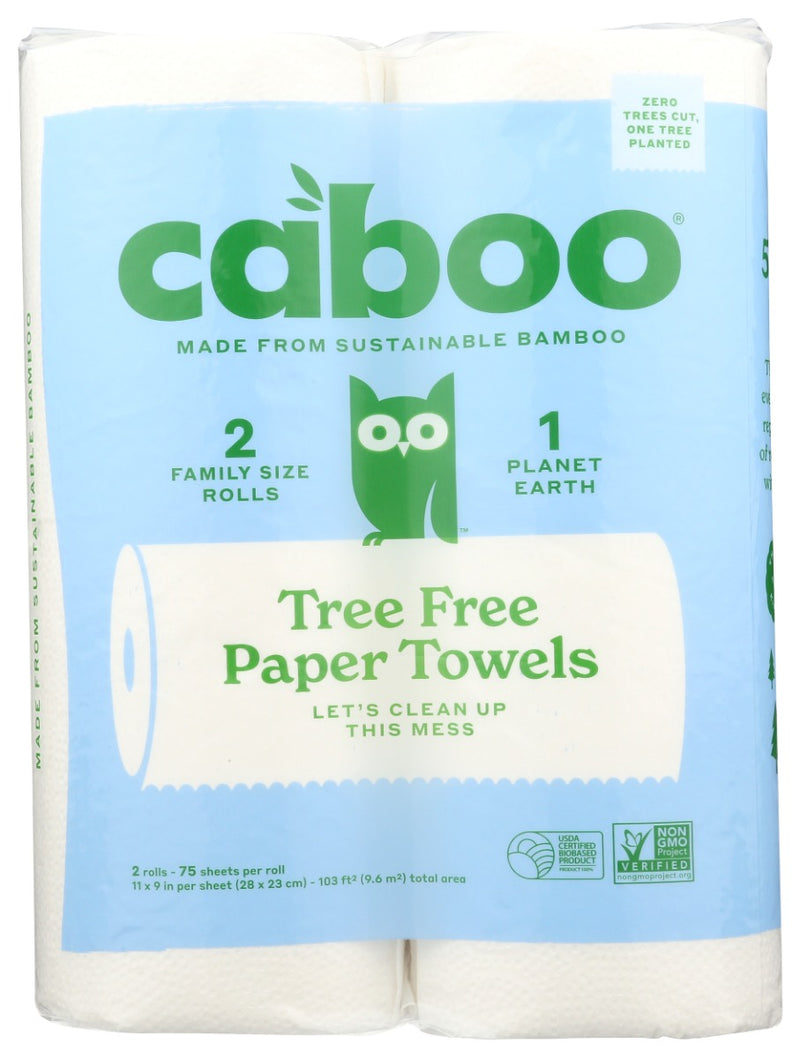 Tree free kitchen roll towels made from 100% bamboo &amp; sugarcane pulp. With the strength of bamboo &amp; the softness of sugarcane, Caboo is the sustainable alternative to tree-based products. Caboo kitchen roll towels are super-absorbent, durable &amp; made to work effectively at cleaning up heavy spills, kitchen messes and all your cleaning needs. Strong 2-ply, 115 sheets &ndash; 2 roll.