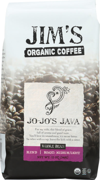 JIMS ORGANIC COFFEE: Organic JoJos Java Coffee Whole Bean Coffee, 12 oz