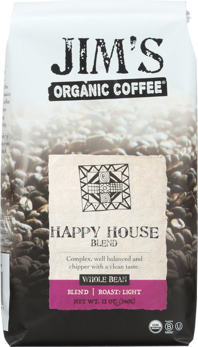 JIMS ORGANIC COFFEE: Organic Happy House Blend Whole Bean Coffee, 12 oz