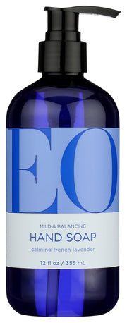 The timeless, relaxing scent of Lavender is the star of our signature hand soap. Soothing French Lavender meets our signature EO&reg; Organic Herbal Blend of Chamomile, Calendula, Aloe and White Tea extracts in a base of Coconut derived cleansers for a hand soap that smells divine. Packaged in a 12oz. Recycled Blue Bottle.