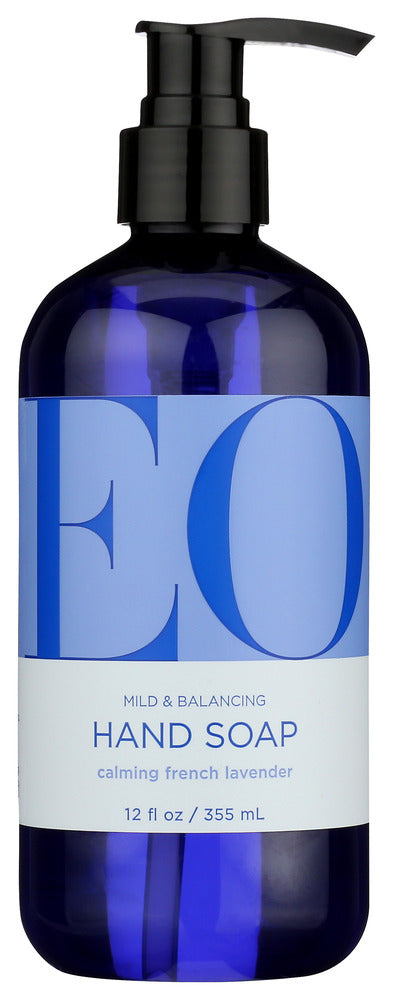 The timeless, relaxing scent of Lavender is the star of our signature hand soap. Soothing French Lavender meets our signature EO&reg; Organic Herbal Blend of Chamomile, Calendula, Aloe and White Tea extracts in a base of Coconut derived cleansers for a hand soap that smells divine. Packaged in a 12oz. Recycled Blue Bottle.