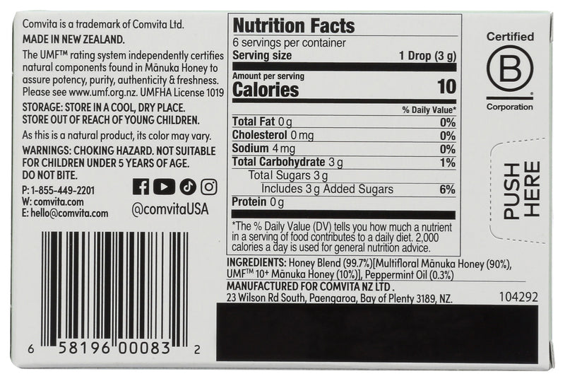 COMVITA: UMF 10+ Manuka Honey Drops with Peppermint, 6 pc