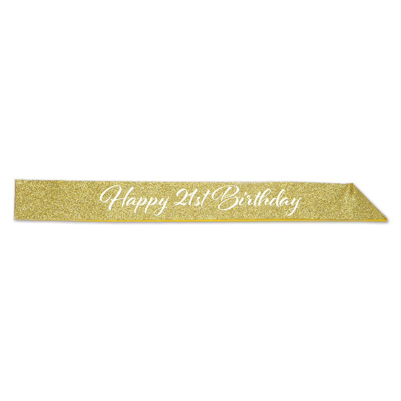 Happy "21st" Birthday Glittered Sash – 32½" x 3½" – (1/Pkg) by Beistle for 21st Birthday Sashes