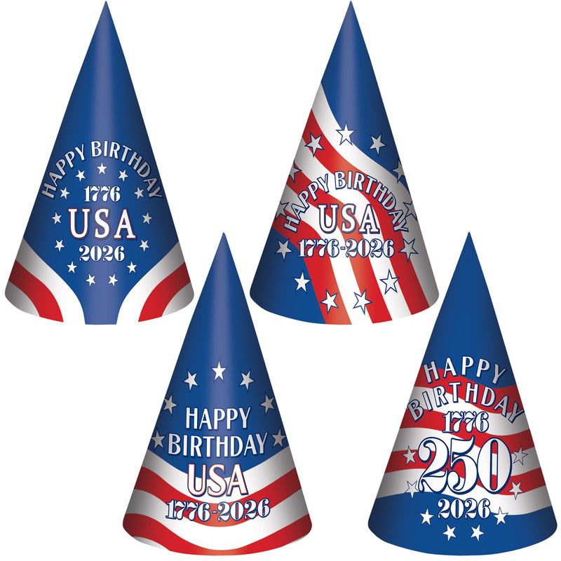 Pkgd Semiquincentennial Cone Hats – 9" – (4/Pkg)