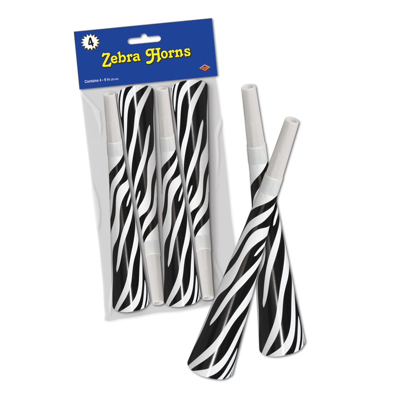 Pkgd Zebra Print Horns – 9" – (4/Pkg) by Beistle for Jungle Paper Horns
