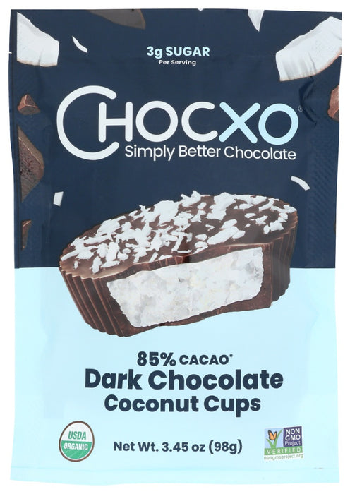 CHOCXO: Cup 85 Percent Dark Chocolate Coconut, 3.45oz