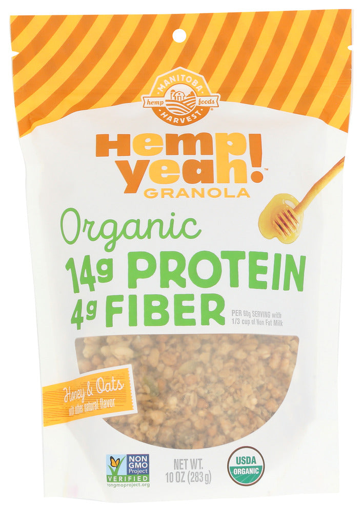 Each serving of Manitoba Harvest Honey &amp; Oats Hemp Yeah! Granola is packed with 10 grams of protein, 3.5 grams of omegas 3 and 6, and high-quality, organic ingredients like pumpkin seeds, chia seeds, quinoa, and of course Manitoba Harvest Hemp Hearts. Our simple, great-tasting granola will keep you full by delivering a HEMP-tastic protein punch! Add it to your yogurt, try it with your favourite non-dairy milk, or eat it on its own!