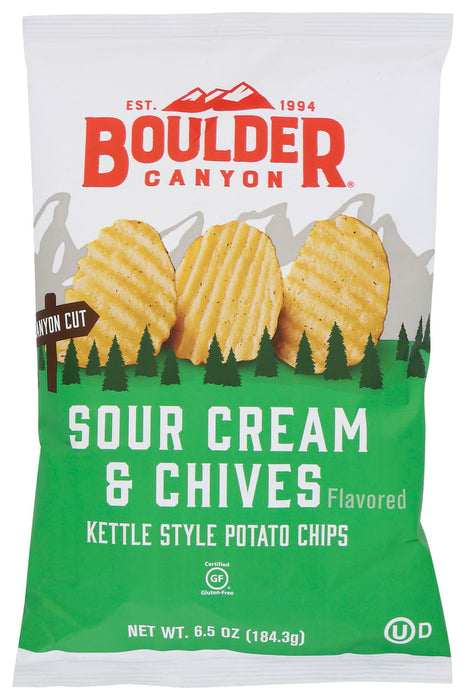 Creamy sour cream and garden-fresh chives unite to create the ultimate palate-pleasing experience in each bag of Boulder Canyon&trade; Canyon Cut&trade; Sour Cream &amp; Chive Potato Chips. Made with all natural ingredients, thickly sliced, ridged and cooked to perfection, these chips will satisfy even the most serious snack-time cravings.