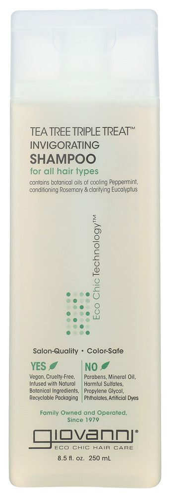 Shampoo should clean hair. Really good shampoo should make you tingle from head to toe. With Giovanni®'s tea tree shampoo, invigorating ingredients rejuvenate each tress while washing away the previous day. You're left with something rich, something clean, something incredibly stimulating for hair and mind. Think about it.