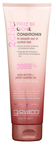 Frizz Be Still...improve your smooth with organic essential oils that know how to tame your mane. Giovanni® 2chic® Frizz Be Gone Conditioner contains our Dual Smoothing Complex of Shea Butter and Sweet Almond oil to control frizz and flyaways without weighing down your hair. It will drastically reduce frizz and leave your hair soft!