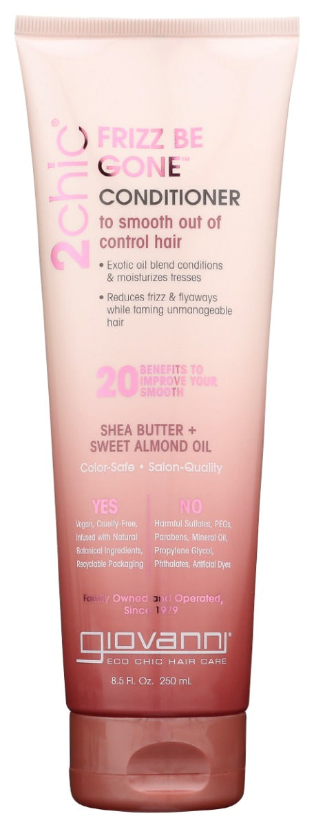 Frizz Be Still...improve your smooth with organic essential oils that know how to tame your mane. Giovanni® 2chic® Frizz Be Gone Conditioner contains our Dual Smoothing Complex of Shea Butter and Sweet Almond oil to control frizz and flyaways without weighing down your hair. It will drastically reduce frizz and leave your hair soft!