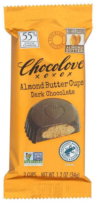 Chocolove Almond Butter Cups Dark Chocolate has creamy salted peanut butter in premium Belgian&nbsp;dark chocolate 55% Cocoa. Classic European chocolate gives way to silky smooth, real organic salted almond butter filling. Serves up a new twist on a classic American taste.