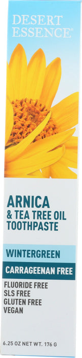 DESERT ESSENCE: Arnica Tea Tree Oil Carrageenan Free Toothpaste, 6.25 oz - No Brand For Less 