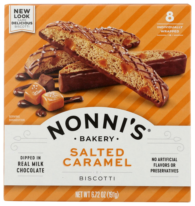 Salted Caramel Biscotti filled with caramels, dipped and strung in rich milk chocolate and then lightly sprinkled with sea salt.