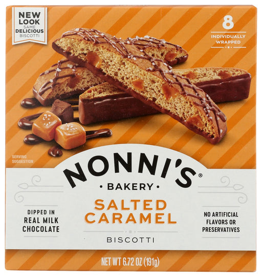 Salted Caramel Biscotti filled with caramels, dipped and strung in rich milk chocolate and then lightly sprinkled with sea salt.