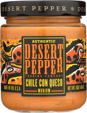 Desert Pepper Chile Con Queso is a feast for the senses. With just the right amount of kick and it's oh-so-cheesy and creamy, red & green chiles laced with golden cheddar make your mouth want to do the tango. Made with aged cheddar cheese, this is a magnificently rich and flavorful cheese dip which is good right out of the bottle> Alternatively, microwave warmed and poured over a restless mound of warm tortilla chips.