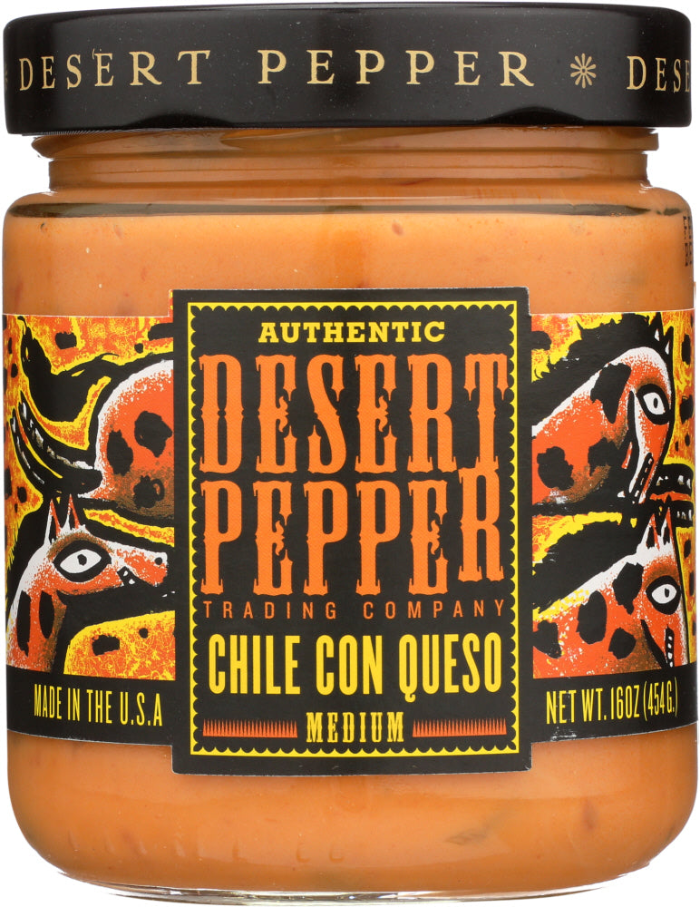 Desert Pepper Chile Con Queso is a feast for the senses. With just the right amount of kick and it's oh-so-cheesy and creamy, red & green chiles laced with golden cheddar make your mouth want to do the tango. Made with aged cheddar cheese, this is a magnificently rich and flavorful cheese dip which is good right out of the bottle> Alternatively, microwave warmed and poured over a restless mound of warm tortilla chips.