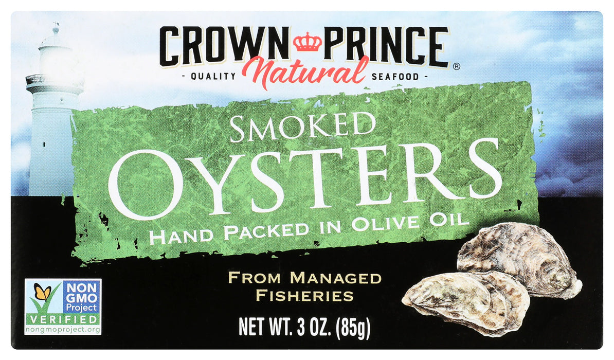 CROWN PRINCE: Naturally Smoked Oysters in Pure Olive Oil, 3 oz
