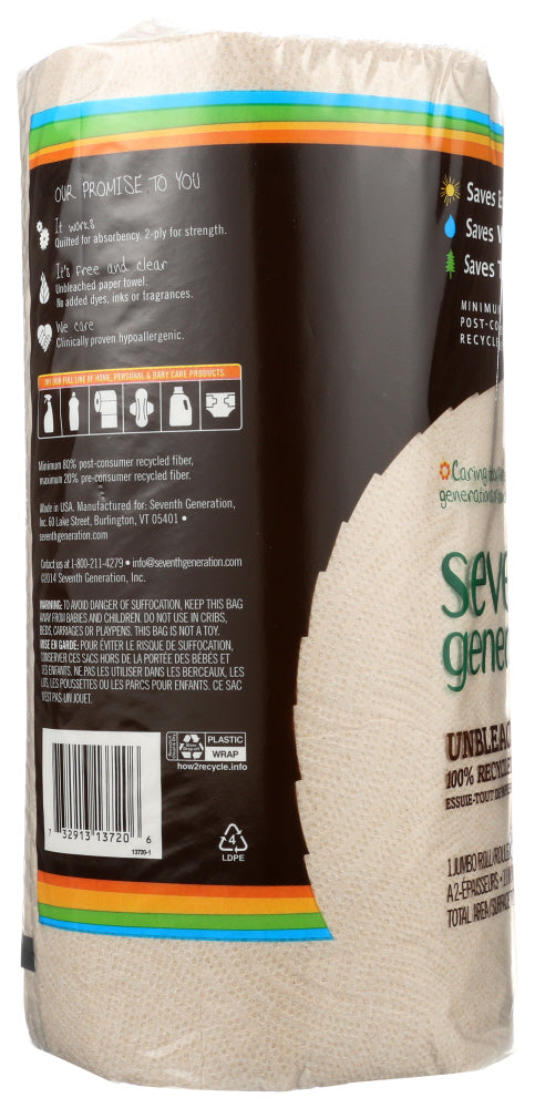 SEVENTH GENERATION: 100 Percent Recycled Paper Towels Unbleached, 1 ea