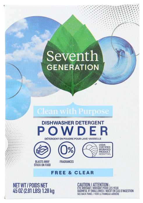 With Seventh Generation's Free and Clear Dishwasher Detergent Powder, you get a hardworking dishwasher powder that powers through tough, stuck-on food messes. Our formula uses plant-based enzymes designed for extra-greasy food stains and makes short work of whatever's waiting in your dishwasher. Even better, it gets the job done every cycle without the use of chlorine bleach.