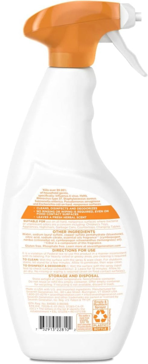 SEVENTH GENERATION: Cleaner Multi Surface Disinfectant Lemongrass, 26 oz
