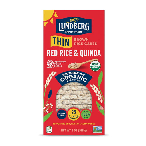 Enjoy a snack that isn't so dang complicated. Made from a blend of brown rice, red rice, and quinoa, these thin rice cakes provide a whole-grain, low-calorie option when you're craving a light meal or better-for-you snack. They hold their own when piled with your favorite toppings or can be a great post-workout refuel straight out of the box. Plus, our Regenerative Organic Certified® rice is grown right here in California to create some land-restoring, habitat preserving community-building wonder.