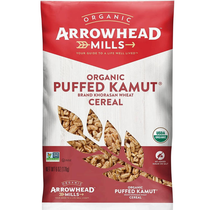 Arrowhead Mills Organic Puffed Kamut Cereal is made of pure whole grain kamut and is low in fat with no added salt or sugar. Derived from the ancient Egyptian word for œwheat, this high-energy grain was discovered thousands of years ago. With kernels two to three times the size of its modern relative, kamut's rich flavor and great nutrition is a valuable addition to any diet.