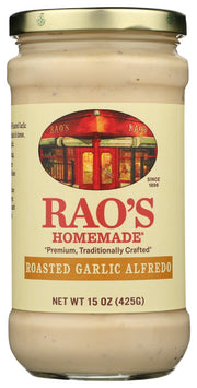 Rao's Homemade Alfredo Pasta Sauce features an all-natural, premium quality blend of rich Parmesan and Romano cheeses, cream, and butter.Following the same authentic Rao's recipe perfected by generations, each jar of alfredo sauce brings you the warm, classic flavor of homemade pasta sauce. Our white alfredo pasta sauce is slow-cooked in small batches with hand-selected ingredients resulting in a super creamy, cheesy sauce that's loaded with flavor.