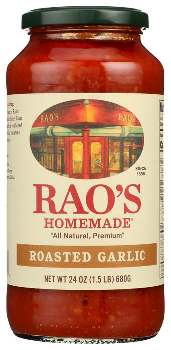 Rao's Homemade&reg; Roasted Garlic sauce is a delicious blend of vine ripened tomatoes imported from Italy and slow roasted garlic. The caramelized roasted garlic lends a subtle sweetness to the sauce. Suitable for vegetarians.
Rao's Roasted Garlic Sauce is made with Italian tomatoes, olive oil, roasted garlic, carrots, salt.